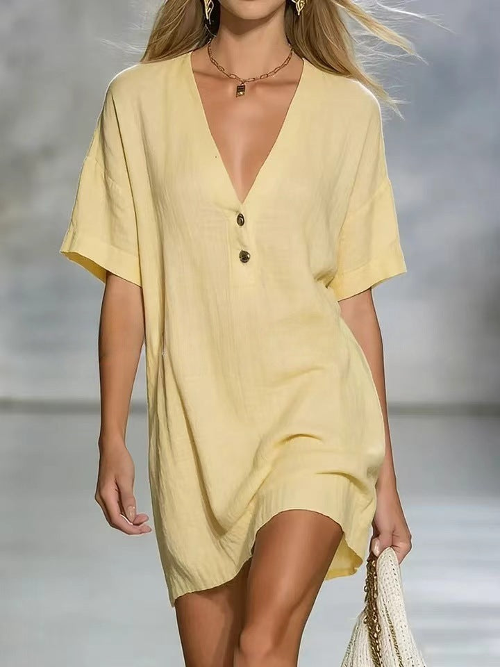 Effortless Chic Linen-Blend V-Neck Shirt Dress