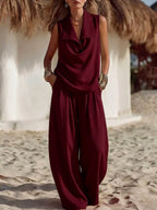 Sleeveless Collar Top & Wide Leg Vacation Pants