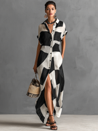 Women's Cotton And Linen Blend Irregular Geometric Print Lapel Single-Breasted Short-Sleeved Maxi Shirt Dress