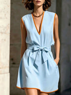 Contrast Piping V-Neck Self Tie Belt Sleeveless Mini Dress