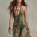 Ethereal Sage Watercolor Ruffled Dress