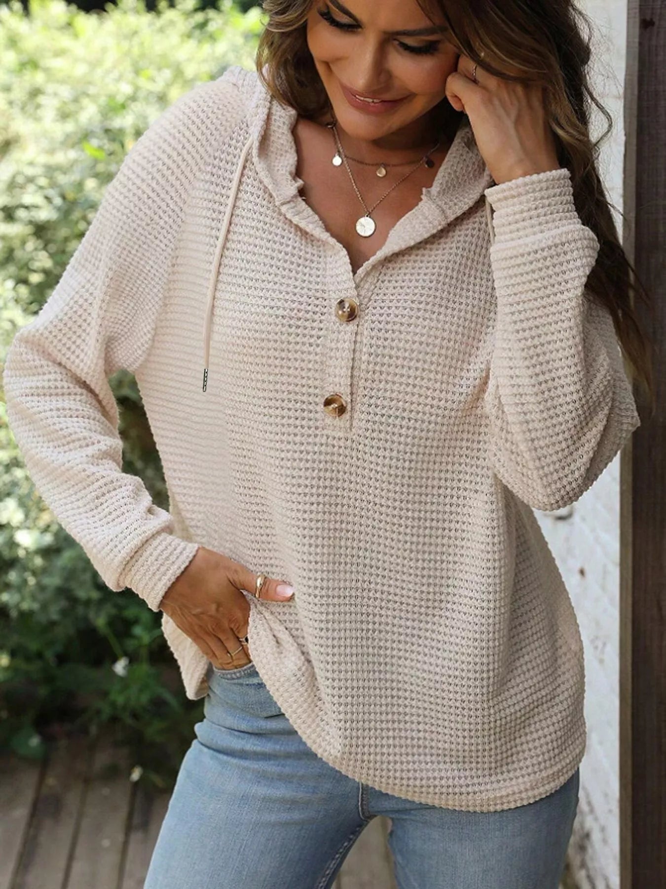 Waffle Knit Button Detail Hoodie