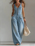 Women's Washed Denim Loose-Fit Sleeveless Jumpsuit