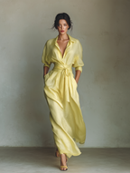 Women's Lemon Yellow Cotton And Linen Blend Maxi Shirt Dress With Tie Waist & Half Sleeves