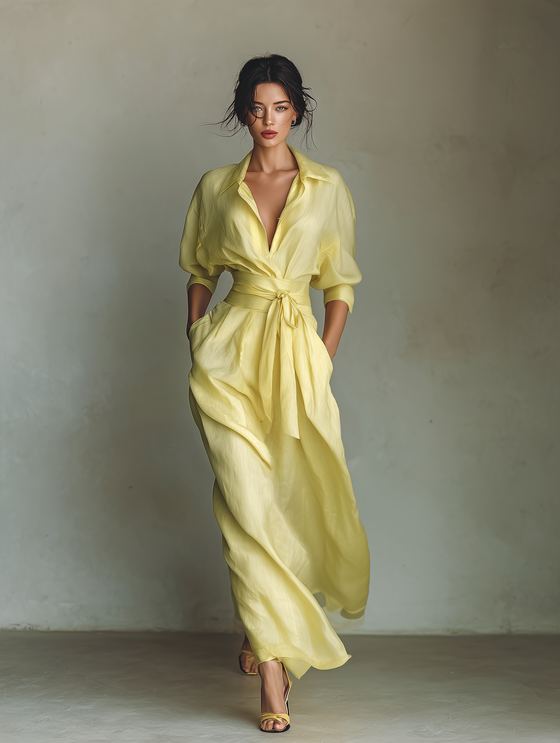 Women's Lemon Yellow Cotton And Linen Blend Maxi Shirt Dress With Tie Waist & Half Sleeves