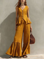 Mustard Linen-Blend Peplum Top & Ruffled Wide-Leg Pants Set