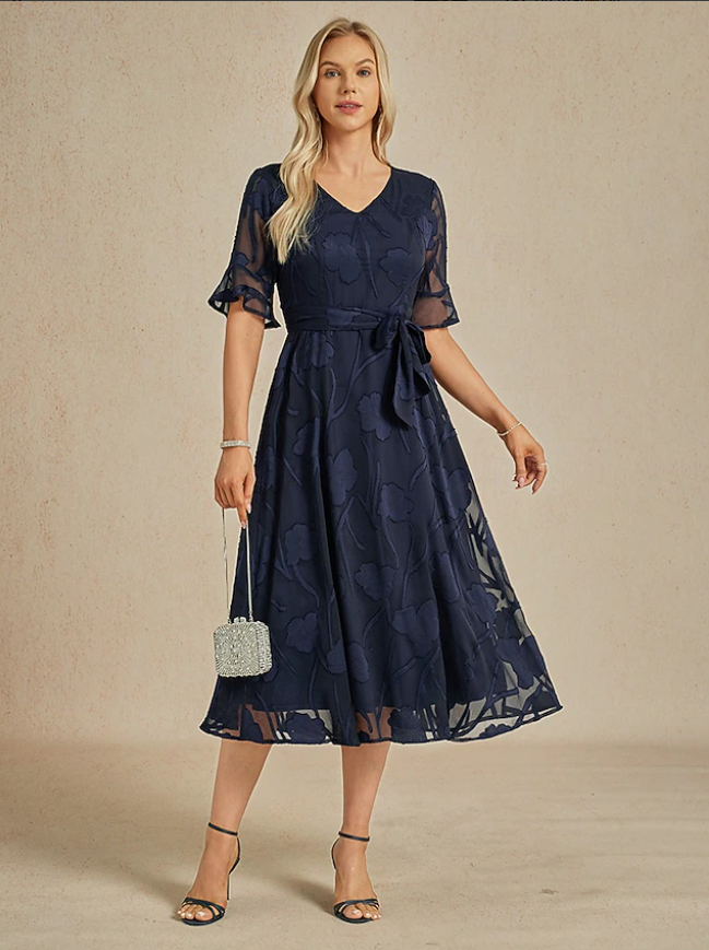 Sheer Sleeve V-Neck Floral Dress