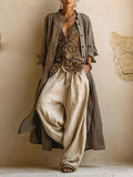 Bohemian Linen And Cotton Long Cardigan And Sleeveless Top And Pants Three-piece Set