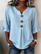 Linen Blend Notch V-Neck Ruffle Sleeve Blouse