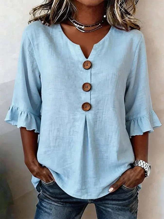 Linen Blend Notch V-Neck Ruffle Sleeve Blouse