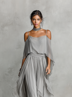 Women's Grey Breathable Chiffon Maxi Dress With Cold-Shoulder Detail & Flared Silhouette