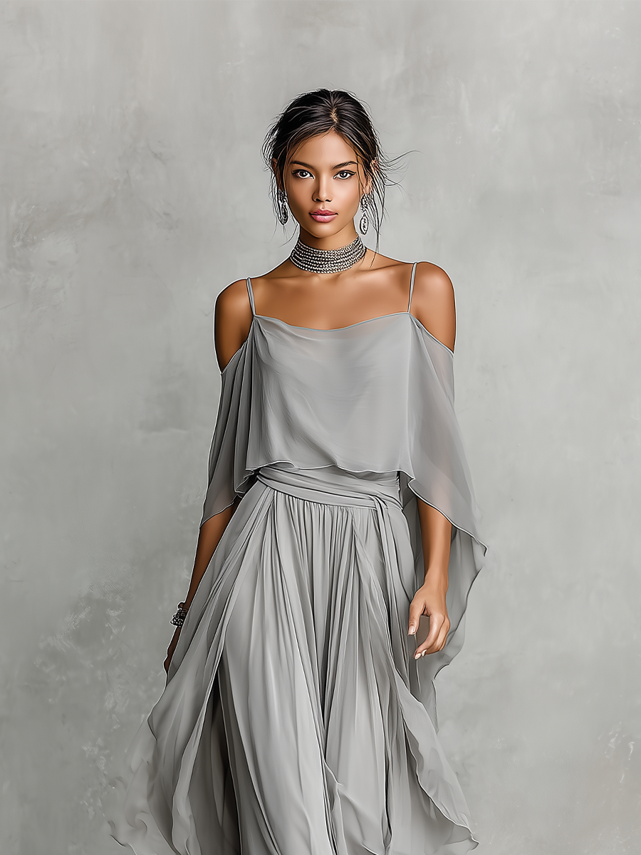 Women's Grey Breathable Chiffon Maxi Dress With Cold-Shoulder Detail & Flared Silhouette