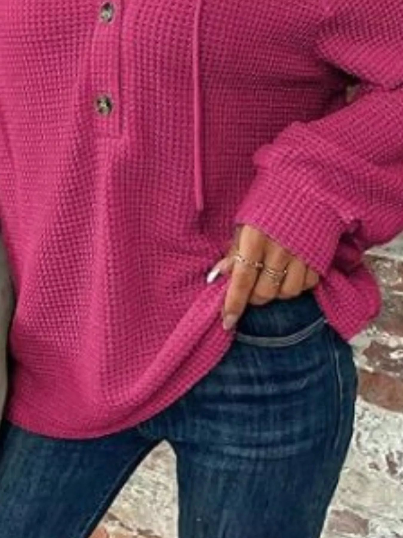 Waffle Knit Button Detail Hoodie