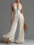 V-neck Sleeveless Zip-up Pleated Wide-leg Chiffon Jumpsuit