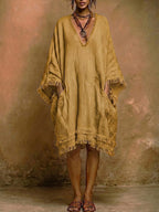 Bohemian Loose-fit Frayed Linen And Cotton Dress
