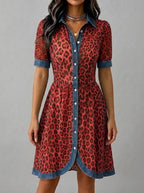 Stylish Casual Leopard-print Chiffon And Denim Patchwork Dress