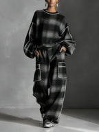 Red and Gray Plaid Color-blocked Sweatshirt and Casual Pants Two-piece set