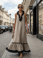 Stylish Simple Sleeveless Color-blocked Ruffled V-neck Cotton Linen Maxi Dress