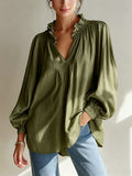 Ruffle V-Neck Crinkled Texture Balloon Sleeve Blouse