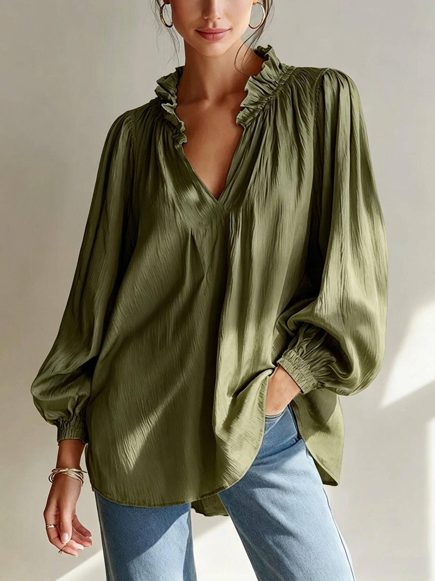 Ruffle V-Neck Crinkled Texture Balloon Sleeve Blouse