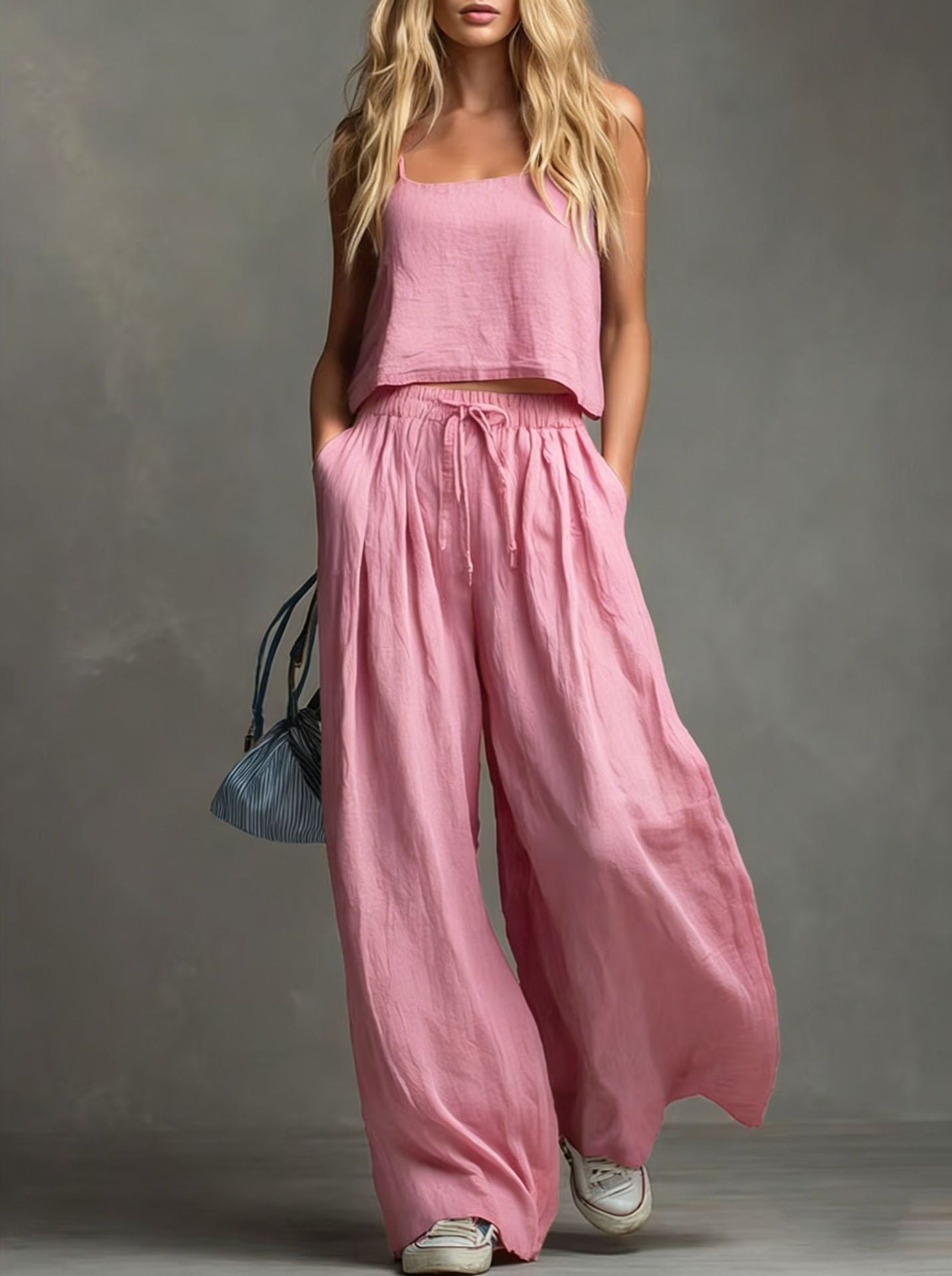 Solid Color Casual Cotton And Linen Suspender Tops Wide-Leg Pants Suit