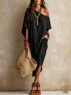 Slanted Shoulder Cotton And Linen Dress Women'S Loose Bat Sleeves Mid-Length Slit Holiday Dress