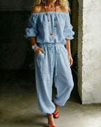 Sage Linen Off Shoulder Drawstring Waist Jogger Jumpsuit