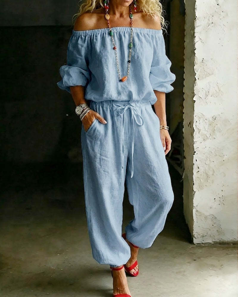 Sage Linen Off Shoulder Drawstring Waist Jogger Jumpsuit