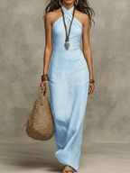 Relaxed Soft Drape Halter Column Linen Halter Maxi Dress