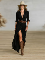 Long Belted Dress With Pleated Lapels