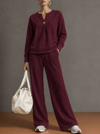 Women'S Notch‑Neck Button Long‑Sleeve Top & Wide‑Leg Pants Two‑Piece Loungewear Set