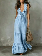 Loose Casual Deep V Ruffled Sleeveless Long Skirt Dress