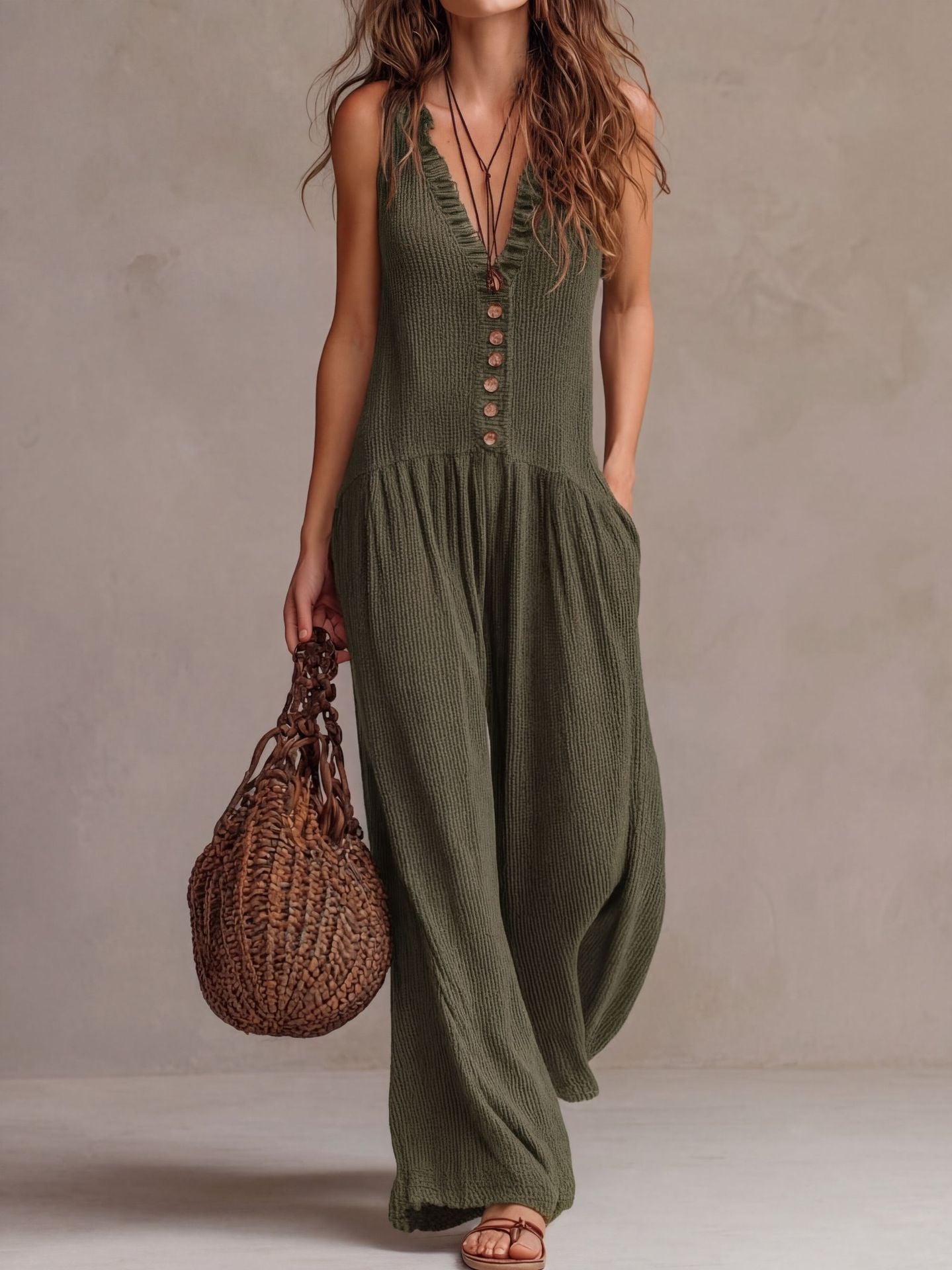 Retro Ruffle Neck Knitted Jumpsuit