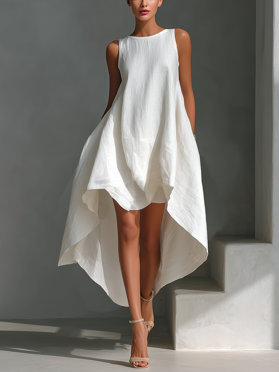Women's White Linen Fabric Sleeveless Midi Dress With Round Neck