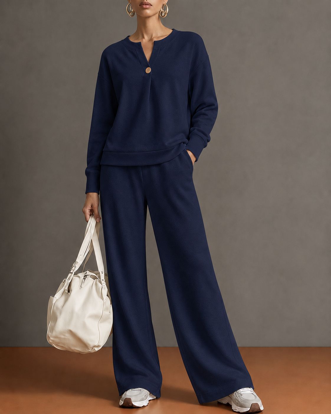 Women'S Notch‑Neck Button Long‑Sleeve Top & Wide‑Leg Pants Two‑Piece Loungewear Set