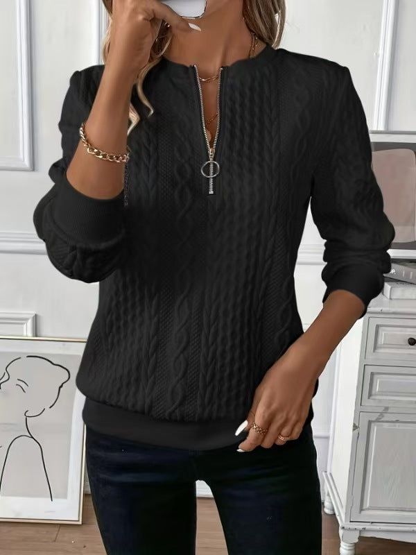 Cable Textured Half‑Zip Long Sleeve Casual Sweatshirt