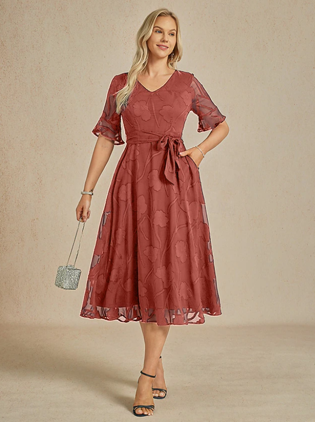 Sheer Sleeve V-Neck Floral Dress