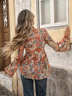 Orange Boho Women's Paisley Print Mesh Long Sleeve Tie Front Asymmetric top