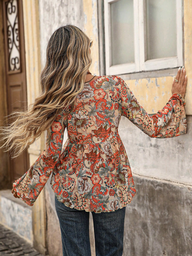 Orange Boho Women's Paisley Print Mesh Long Sleeve Tie Front Asymmetric top