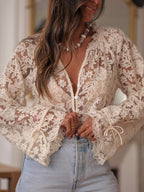 Boho Beige Lace Floral Sheer Blouse