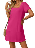 Women's Casual Square Neck Pocket Short Sleeve Dress with Pockets