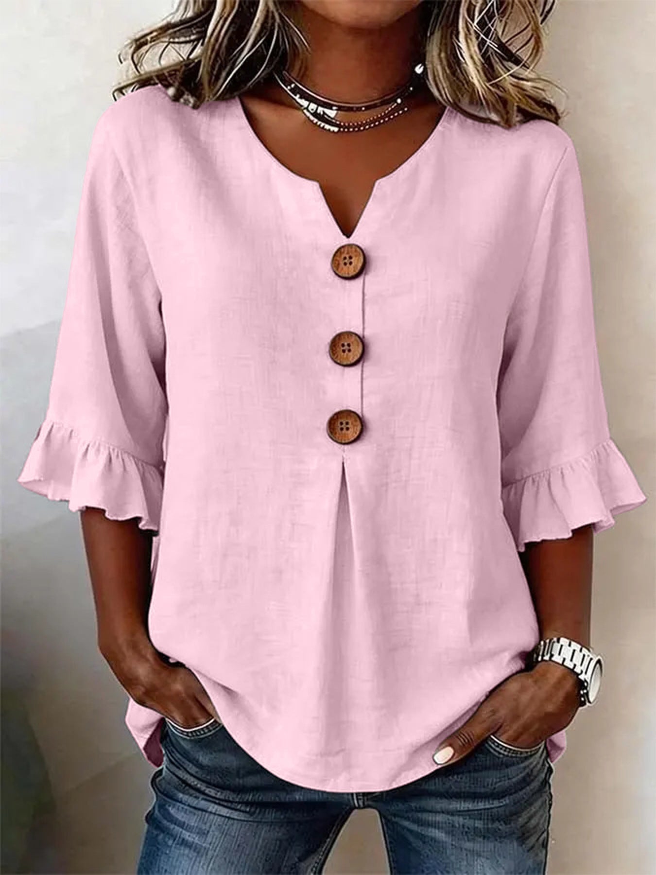 Linen Blend Notch V-Neck Ruffle Sleeve Blouse