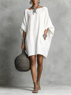 Women's Solid-color round-neck 3/4-sleeve Casual Loose Cotton-linen Dress