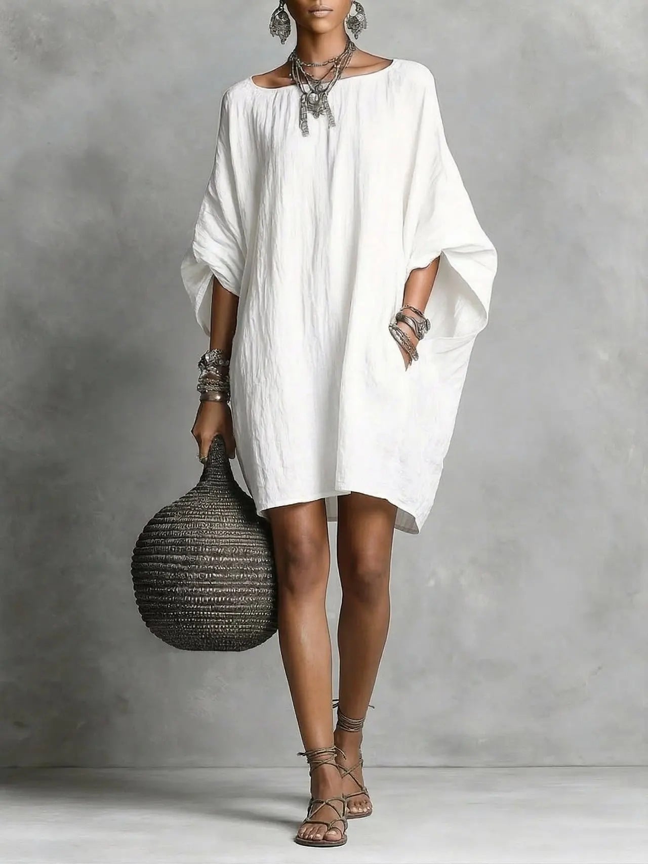 Women's Solid-color round-neck 3/4-sleeve Casual Loose Cotton-linen Dress