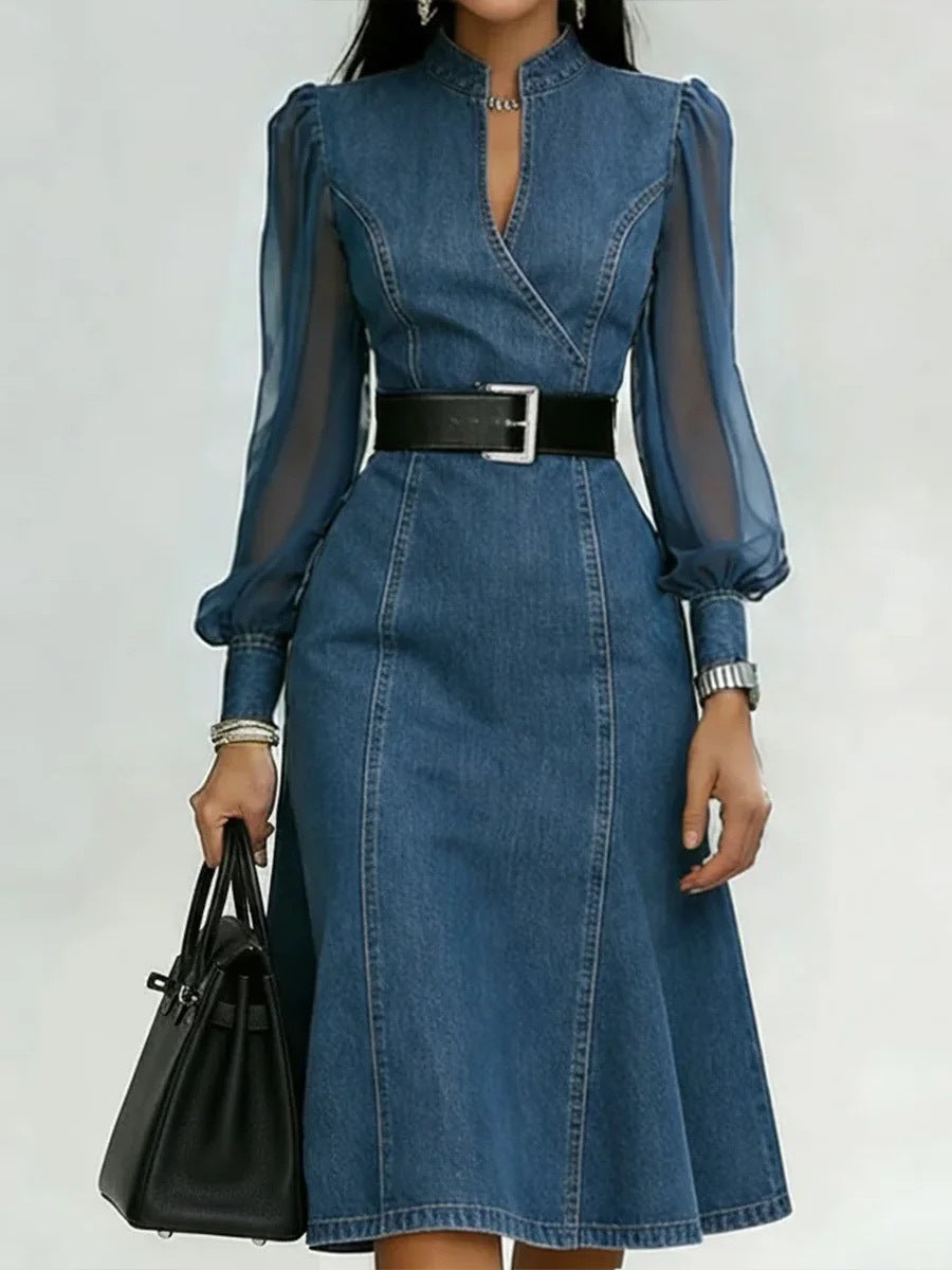 Belted Wrap V Neck Flared Hem Business Casual Dress