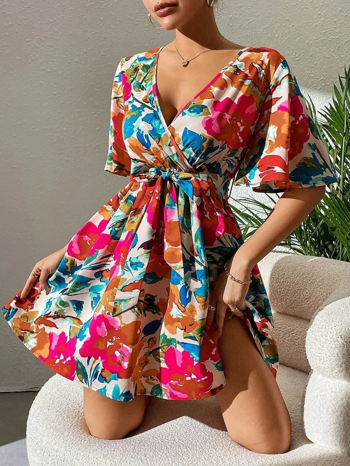 Printed Surplice Short Sleeve Mini Dress