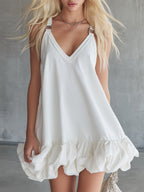 Elegant And Casual Solid Color V-Neck Ruffled Mini Skirt