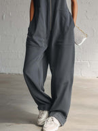 Vintage Nautical Sporty Hooded Sleeveless Front-zip Dark Gray Cotton Jumpsuit