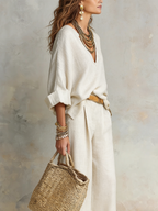 Off White Natural Linen Loose Fitting Resort Wear Set