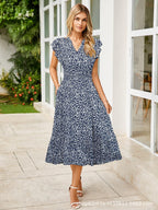 Women's V-Neck Ruffle Sleeve Midi Dress - Versatile Casual Floral/Print Dress with Pockets (6 Colors Available)